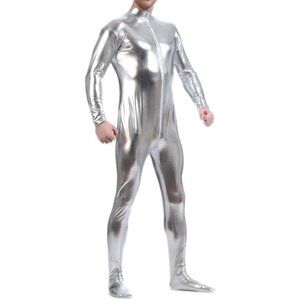 Unisex Silver Metallic Shiny Zentai Bodysuit Hoodless Adult Costume